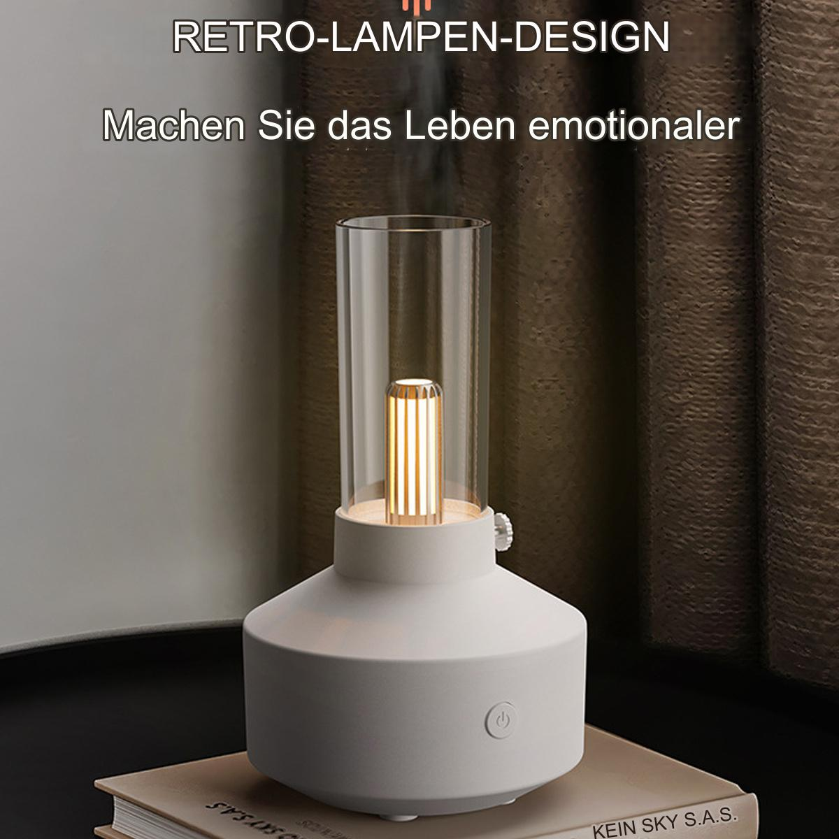 Weiße Lampe mit Glasaufsatz. Sie steht auf einem Buch. Text sagt Retro-Lampen-Design, und macht das Leben emotionaler.