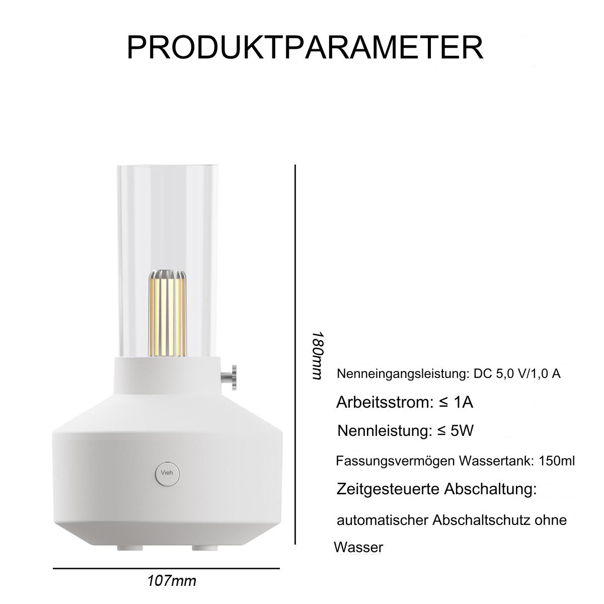 Weißer Luftbefeuchter mit Glaskappe, goldfarbenem Element und Produktspezifikationen rechts.