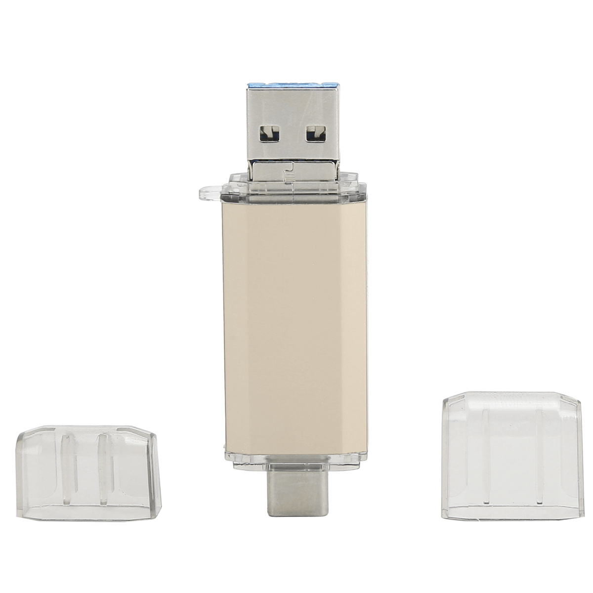 Creme- und transparenter USB-Stick mit Kappen, weißer Hintergrund.