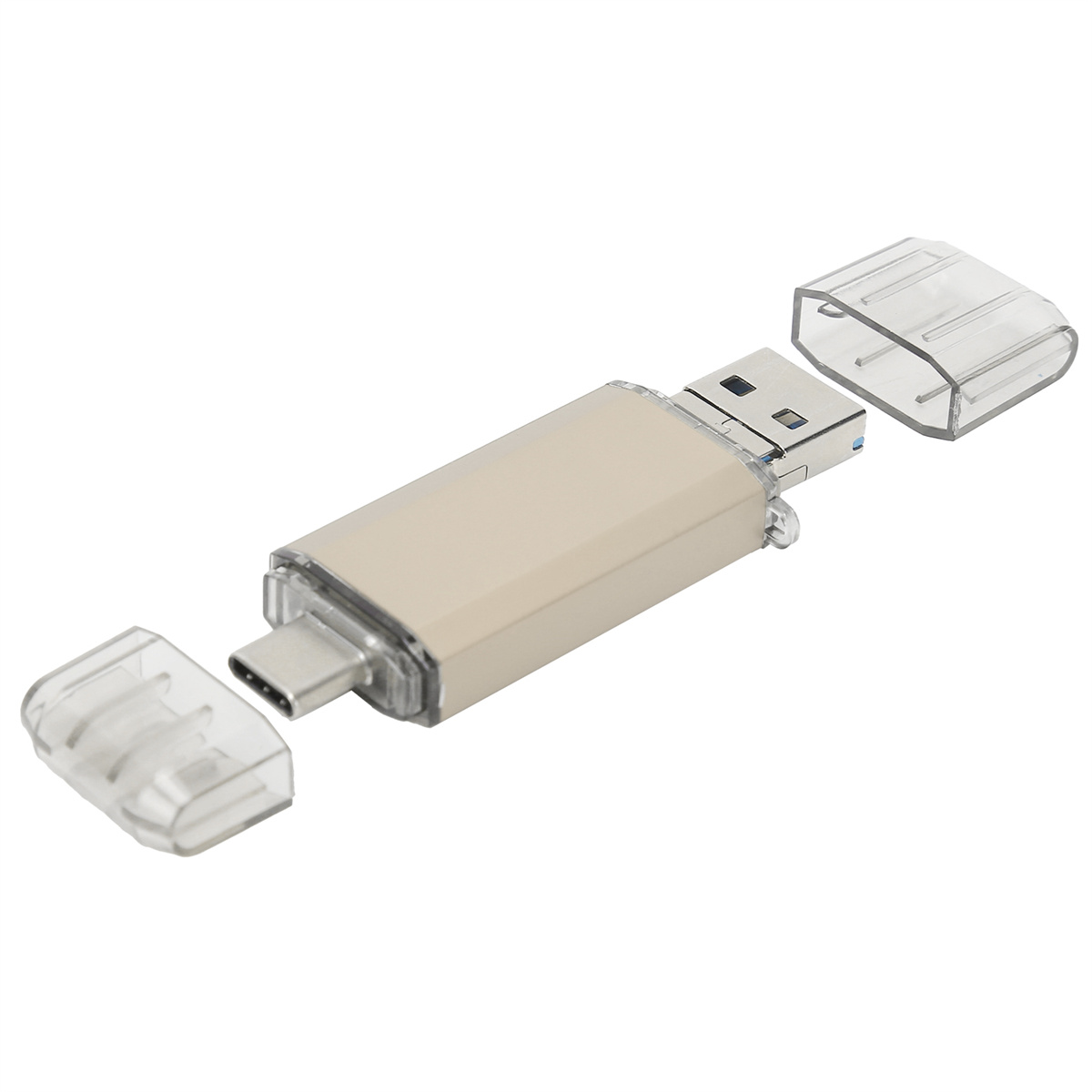Ein silberner USB-Stick mit transparenten Kunststoffkappen. Eine Kappe ist abgenommen, USB und USB-C.