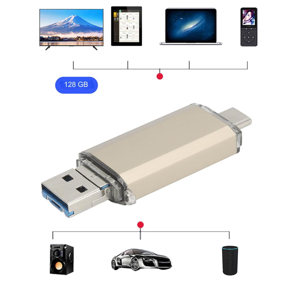 Ein silberner USB-Stick mit USB- und USB-C-Anschluss und Elektronik daneben.