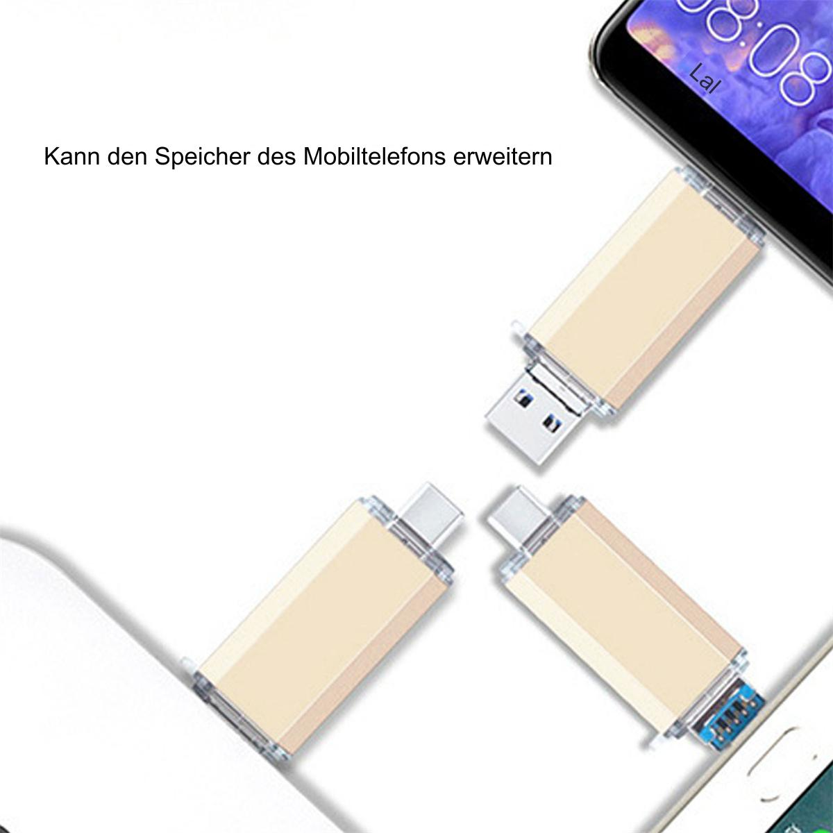USB-Sticks mit verschiedenen Anschlüssen neben Smartphones.