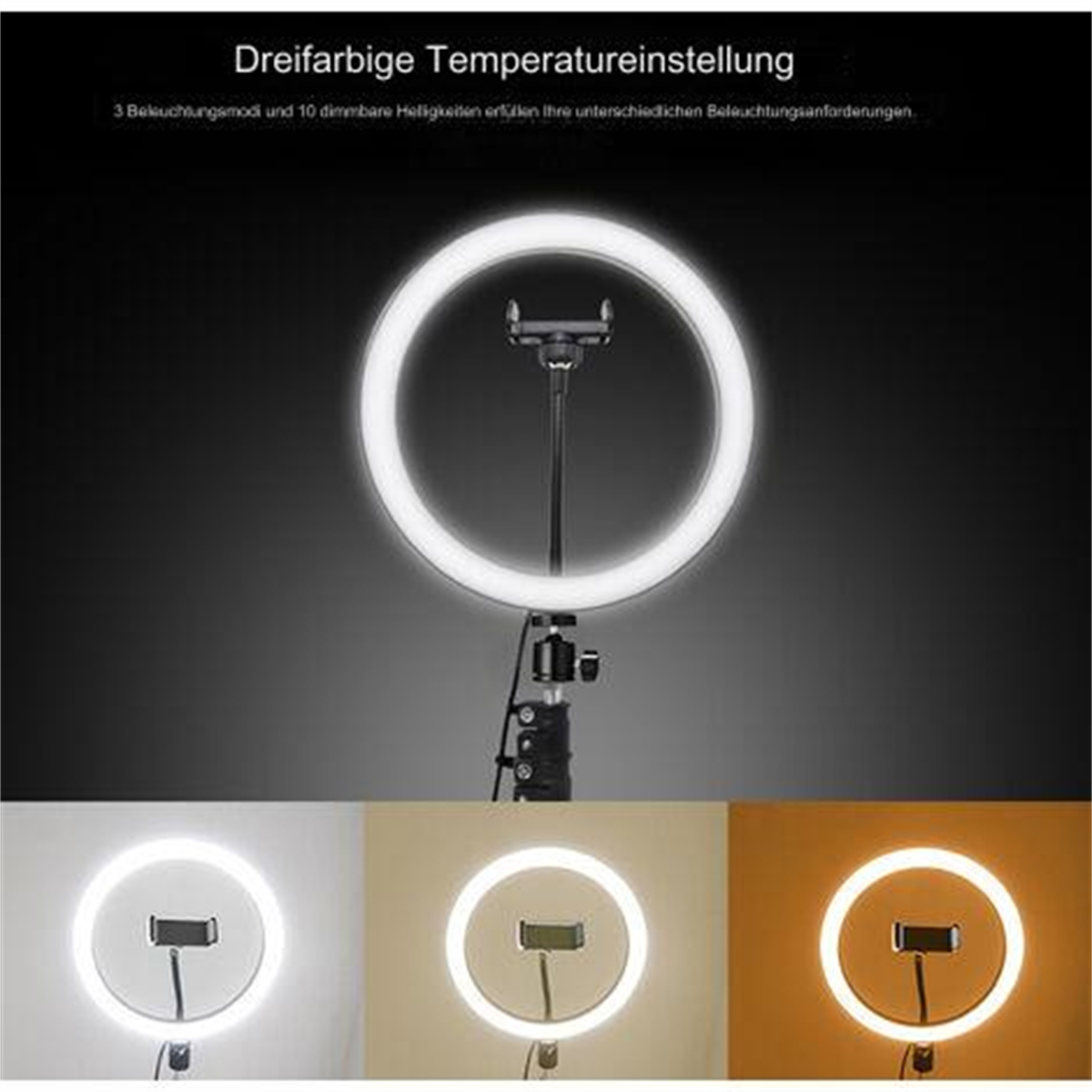 Ringlicht auf einem Ständer mit drei Farboptionen: Weiß, warmweiß und warme Töne.