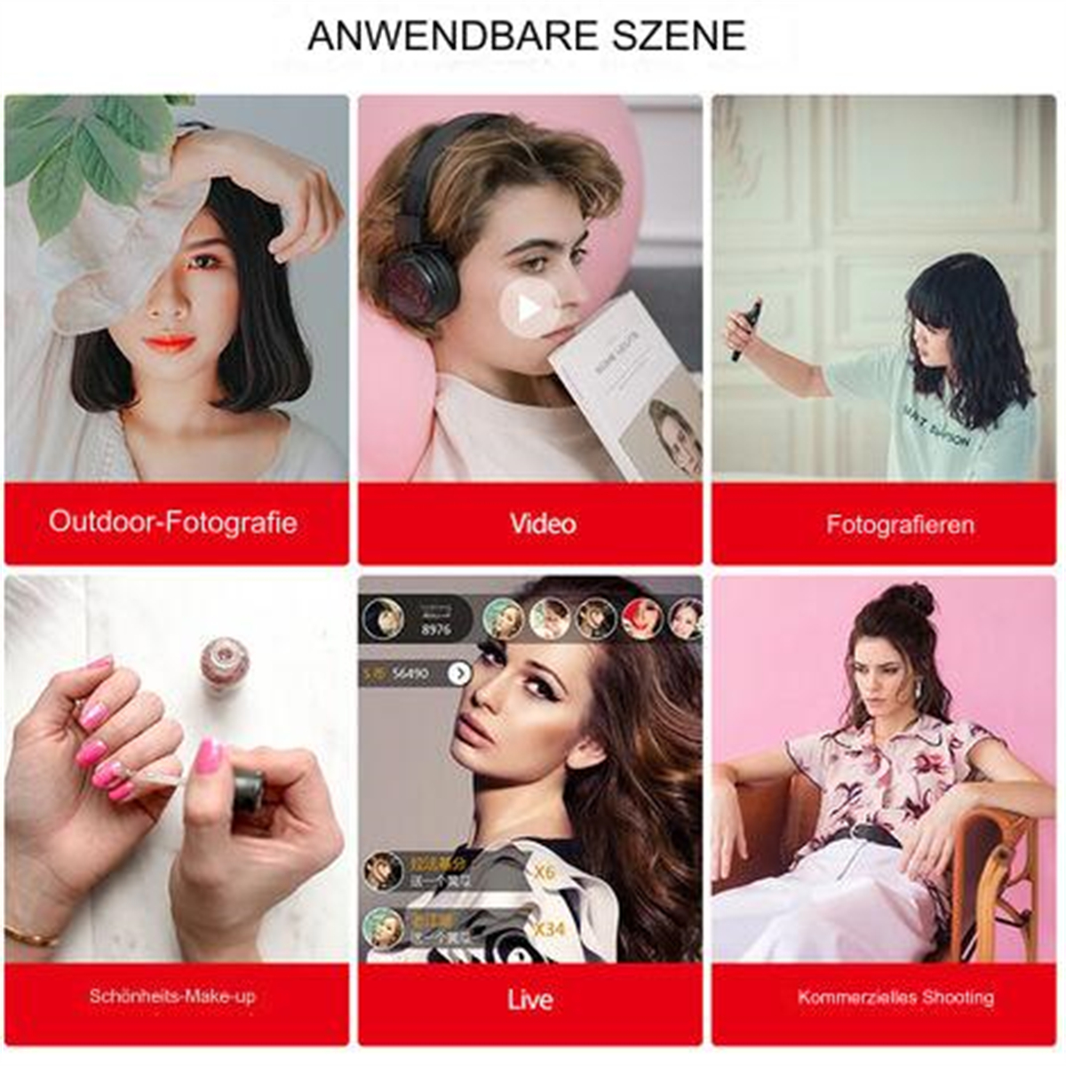 Sechs Fotos zeigen Menschen in verschiedenen Szenarien wie Outdoor-Fotografie, Video und Live-Streaming.