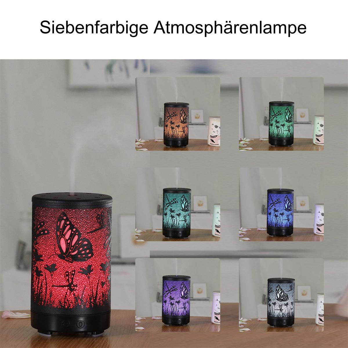 Ein schwarzer zylindrischer Diffusor mit verschiedenen beleuchteten Schmetterlingsdesigns, die verschiedene Farbmodi zeigen.