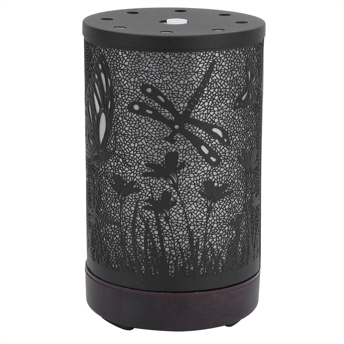 Ein schwarzer Diffusor mit Libellen- und Schmetterlingsdesign, von innen beleuchtet.