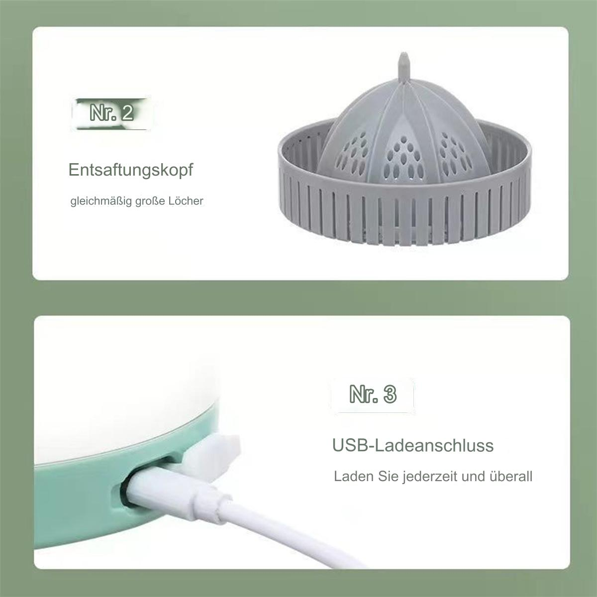 Zitruspresse-Teile mit Beschreibungen, einschließlich eines Saftkopfes und eines USB-Ladeanschlusses.