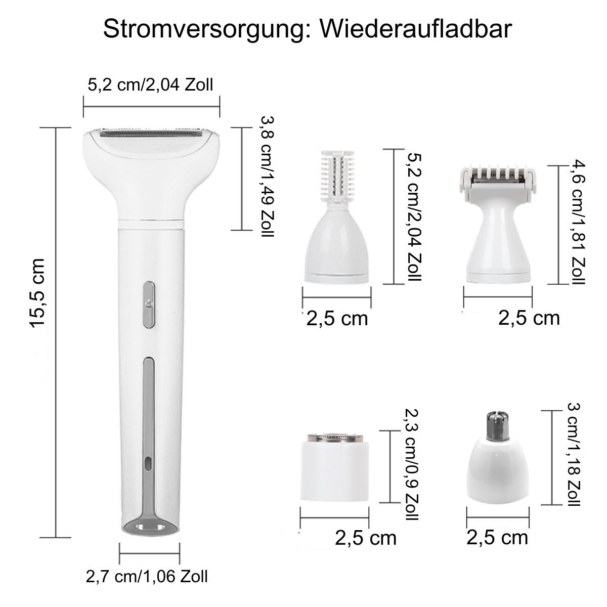 Elektrischer Rasierer und Zubehör. Maße und Beschriftungen werden angezeigt.