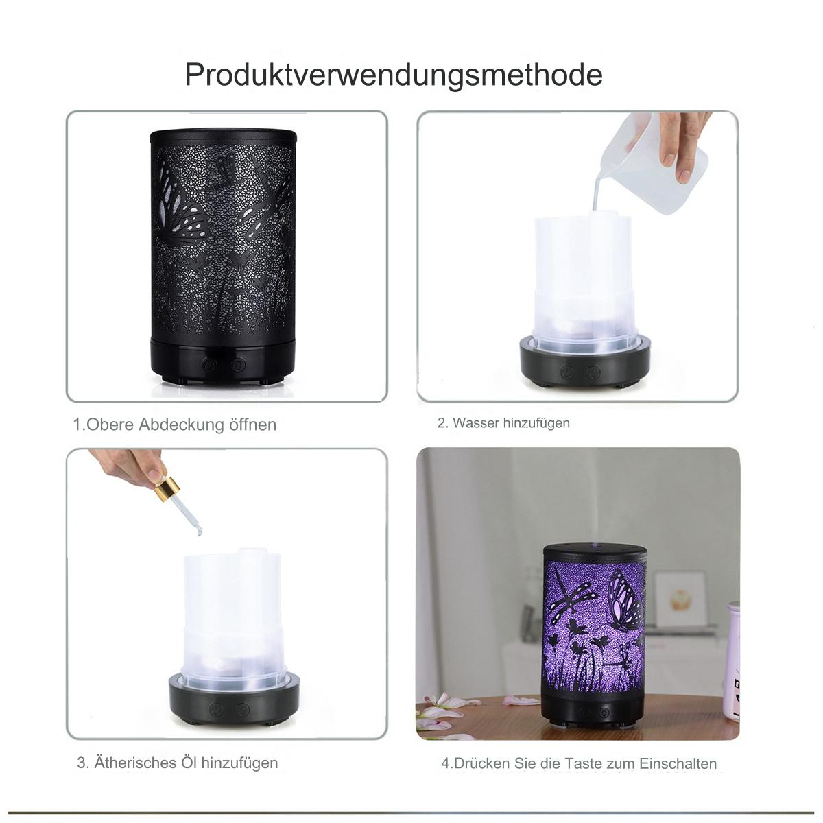 Vier Bilder, die Schritt für Schritt zeigen, wie man einen ätherischen Öldiffusor verwendet.