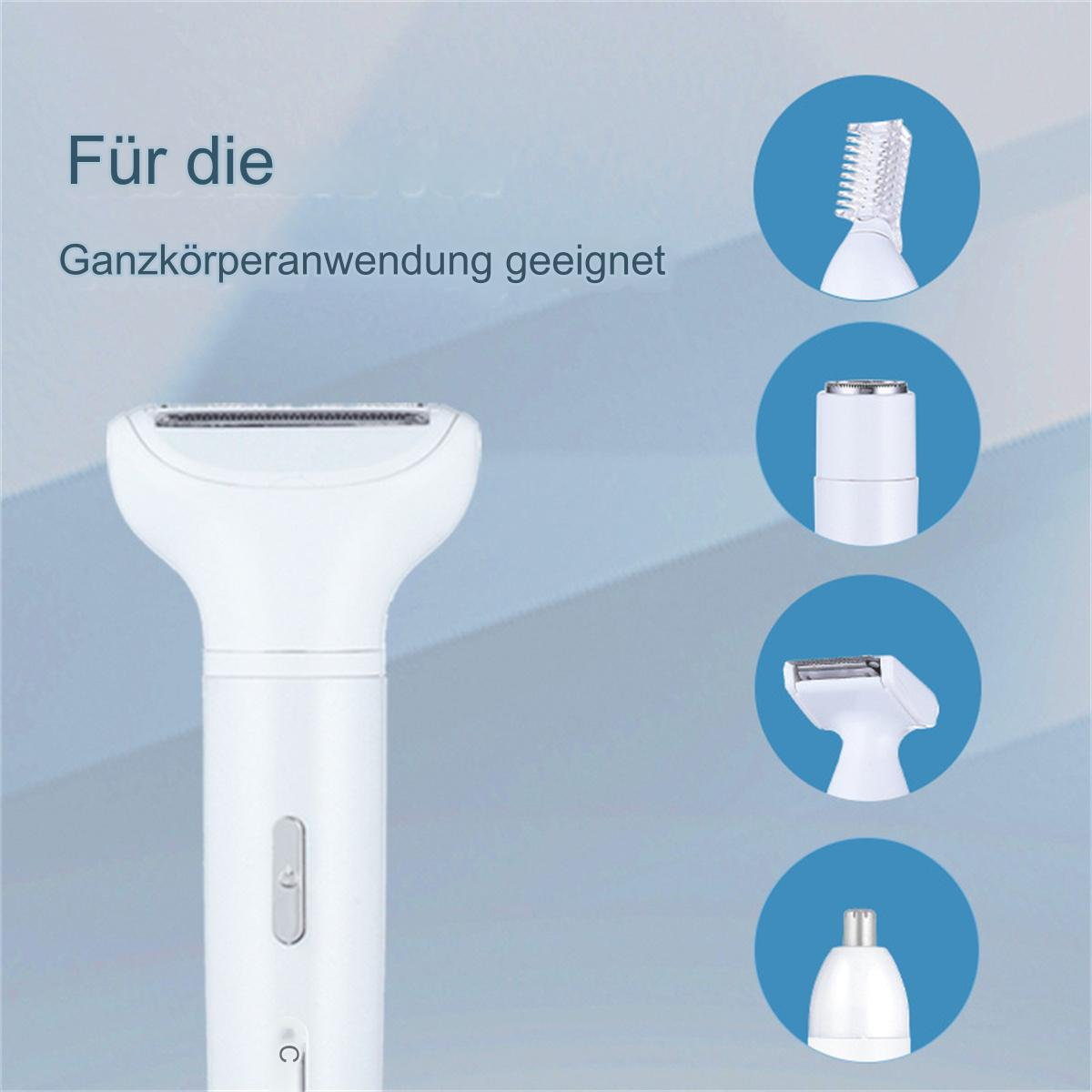 Ein weißer Elektrorasierer mit Aufsätzen für verschiedene Pflegezwecke.