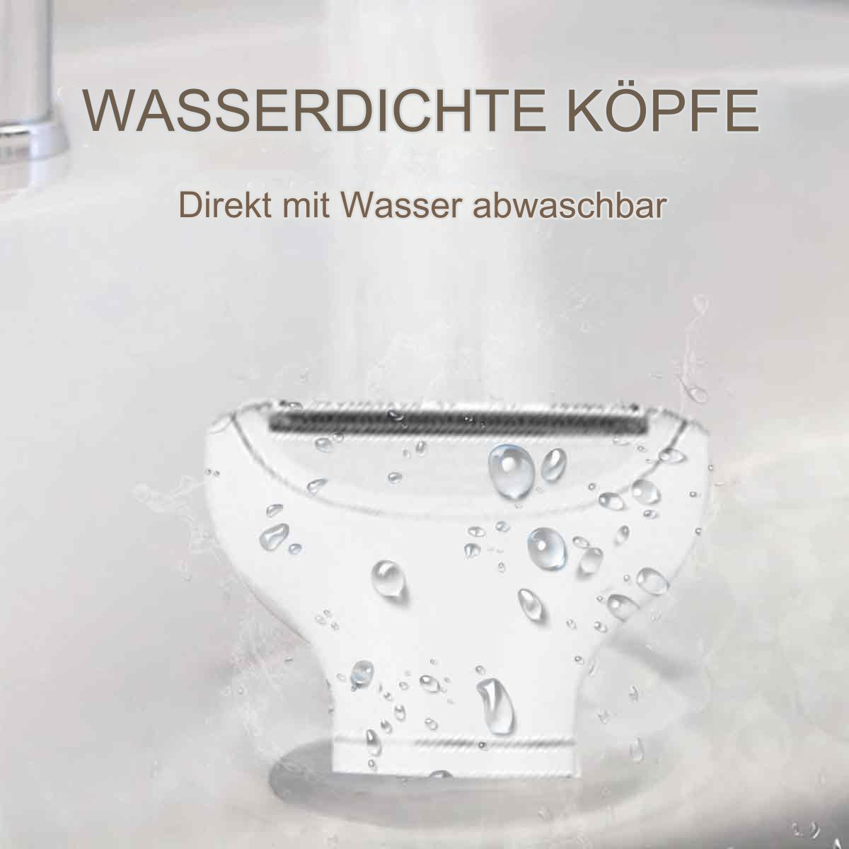 Weißer Rasiererkopf mit Wassertropfen, Hintergrund weiße Oberfläche.