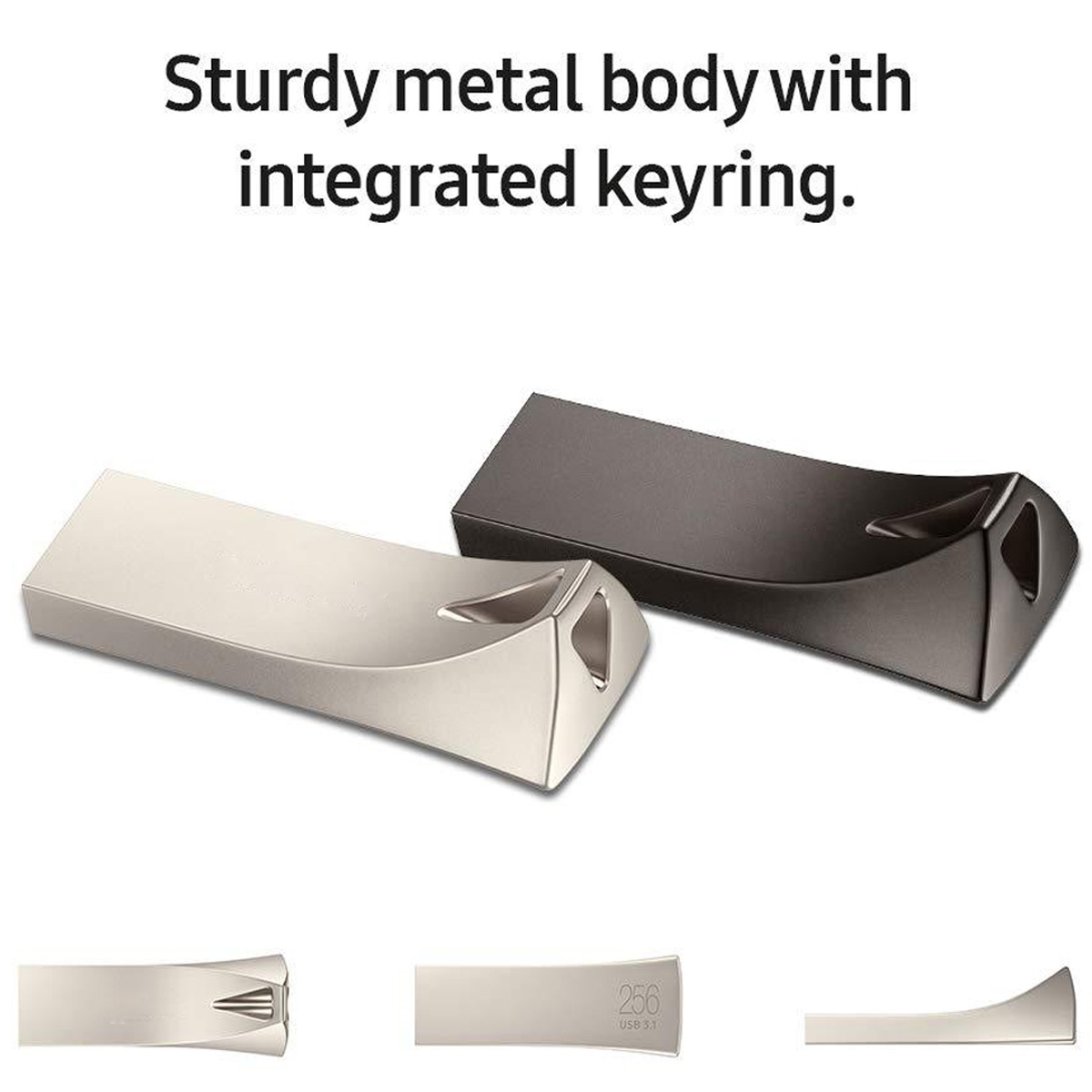 Zwei USB-Laufwerke aus Metall. Eines ist silberfarben, das andere schwarz. Das Bild zeigt die Seite und das Ende der Laufwerke.
