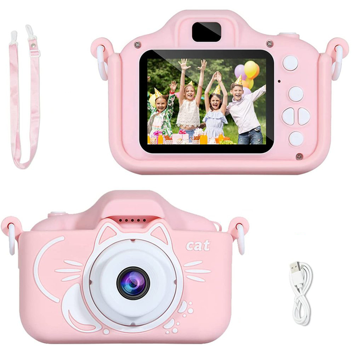 Rosa Kinderkamera mit Bildschirm mit Kindern, Riemen und USB-Kabel.