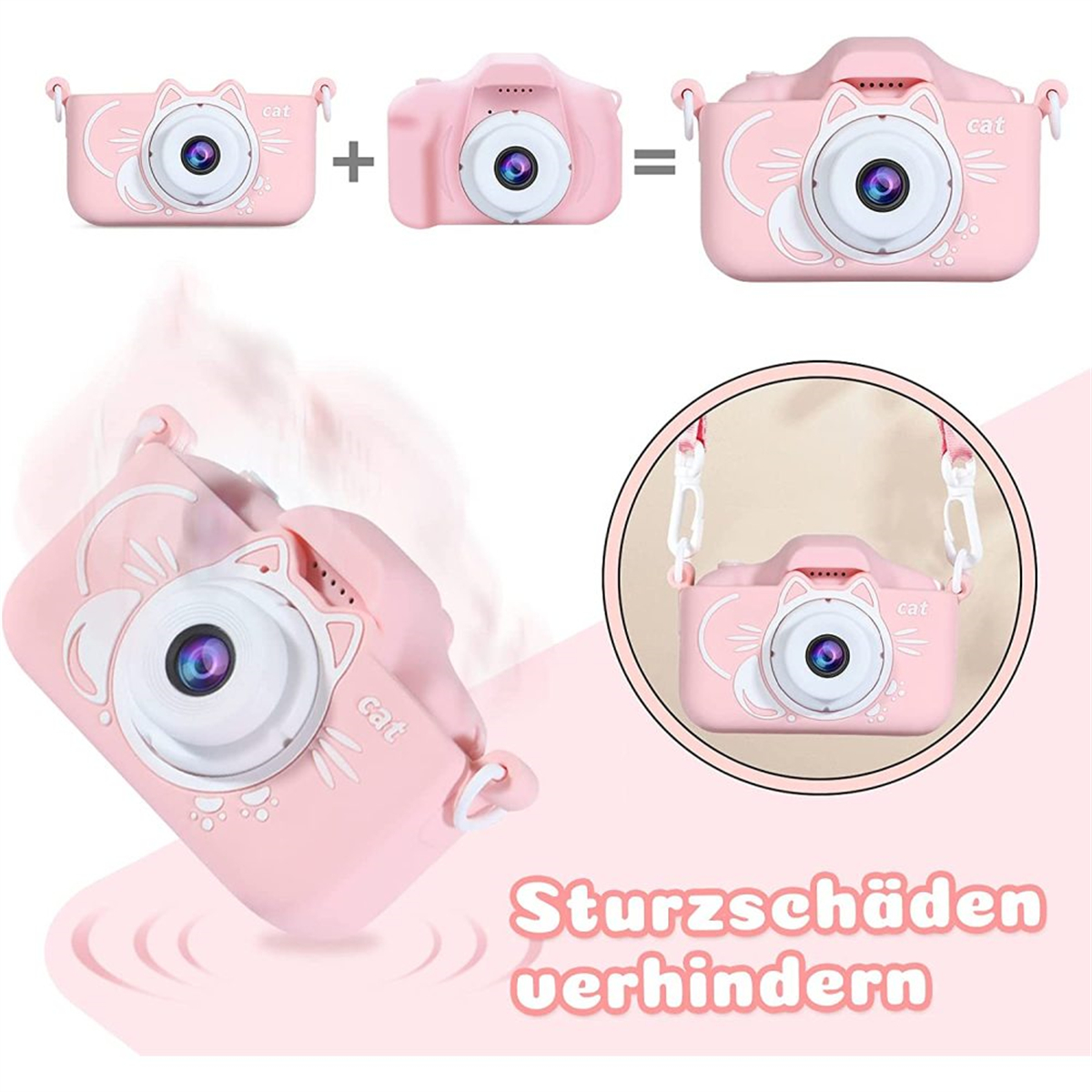 Eine rosa Spielzeugkamera mit Katzendesign und weißem Riemen, in verschiedenen Ansichten gezeigt.