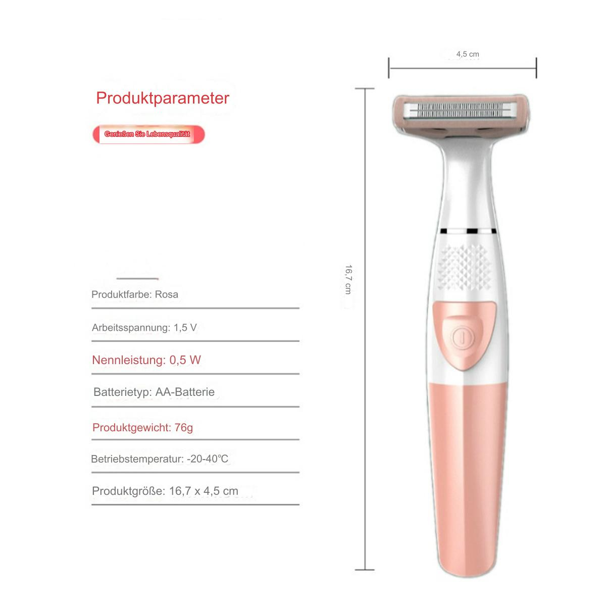 Ein pinkfarbener und weißer Elektrorasierer mit Maßen und Produktdetails auf der linken Seite.