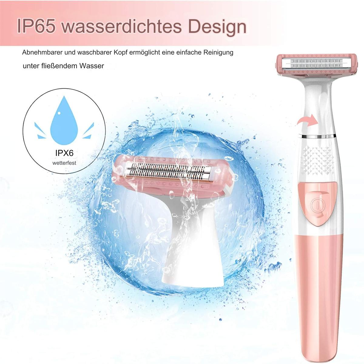 Ein rosa-weißer Elektrorasierer mit Wassertropfensymbol, IPX6-Bewertung. Er ist wasserdicht.