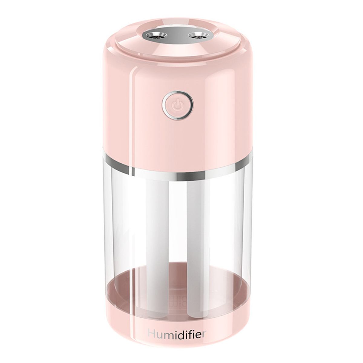 Rosa Luftbefeuchter mit transparentem Wassertank. Der Ein-Aus-Knopf ist mittig.