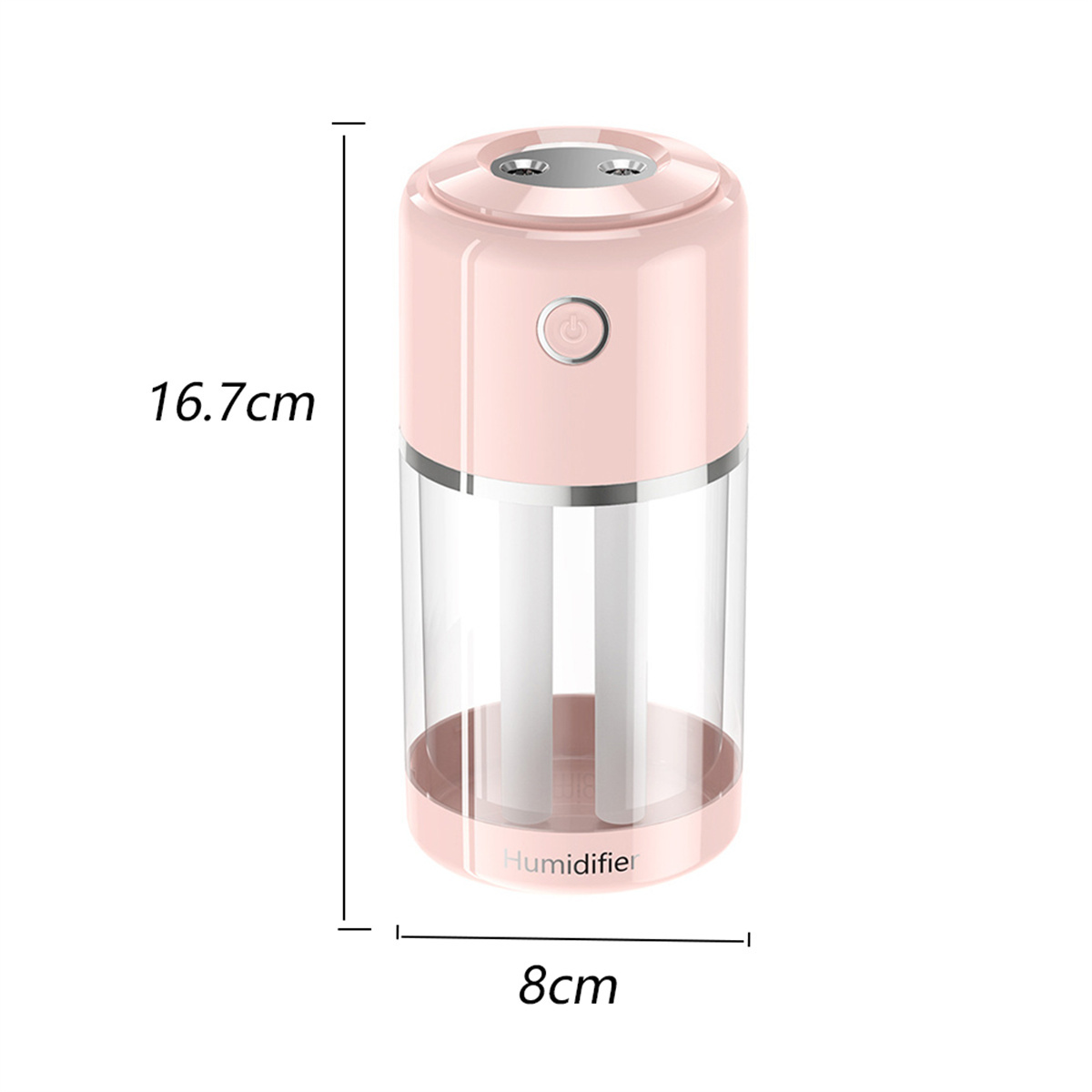 Ein rosa Luftbefeuchter mit transparentem Wassertank und Abmessungen in cm.