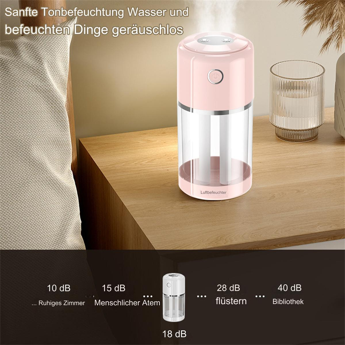Ein rosa-weißer Luftbefeuchter mit transparentem Wassertank, auf Holzoberfläche.