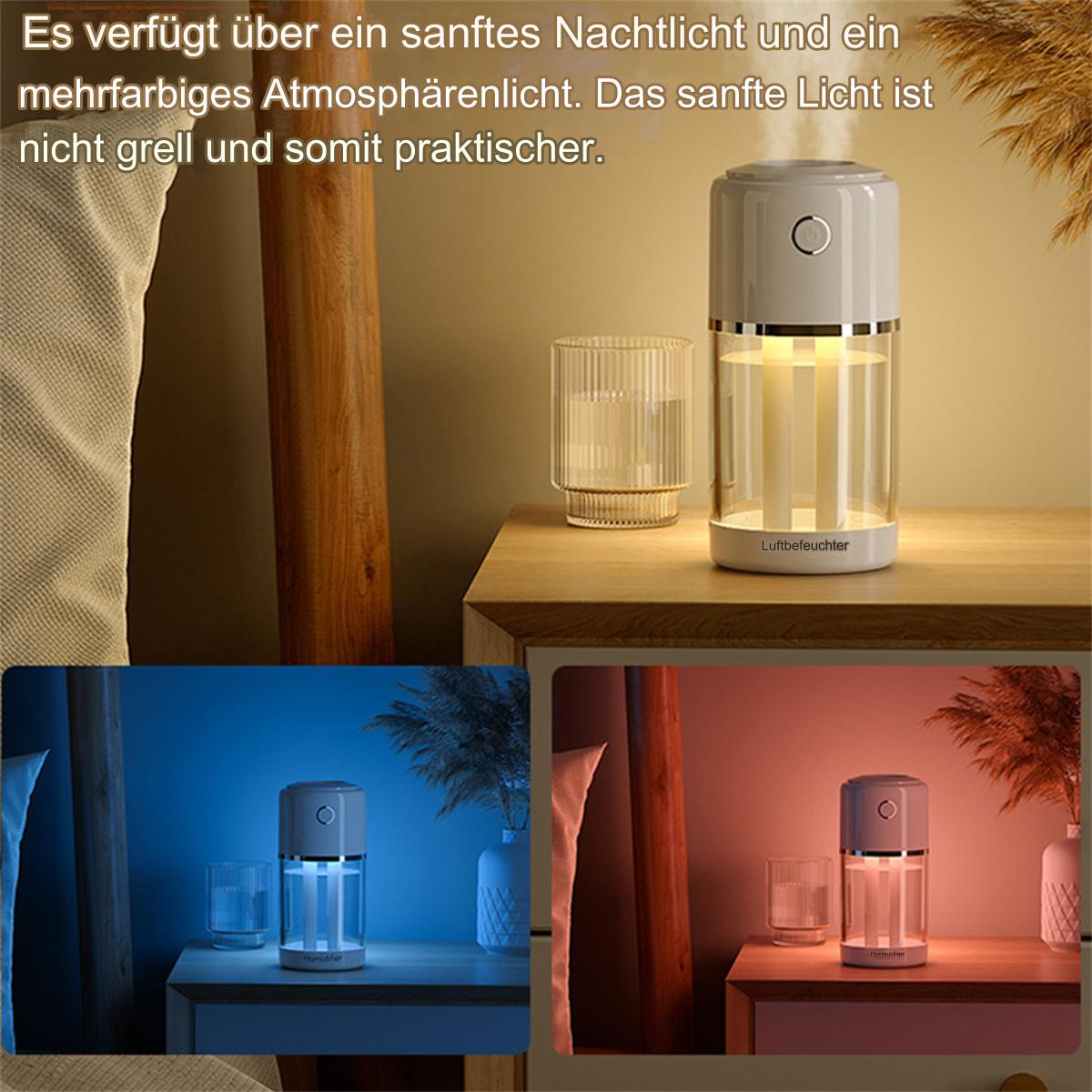 Luftbefeuchter auf einem Nachttisch, mit zwei Lichteinstellungen und einem Glas.