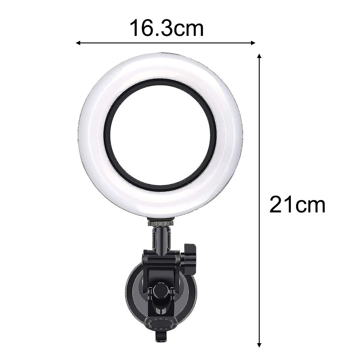 Ein Ringlicht mit Abmessungen, montiert auf einem Ständer mit Telefonhalter, mit einem Durchmesser von 16,3 cm.