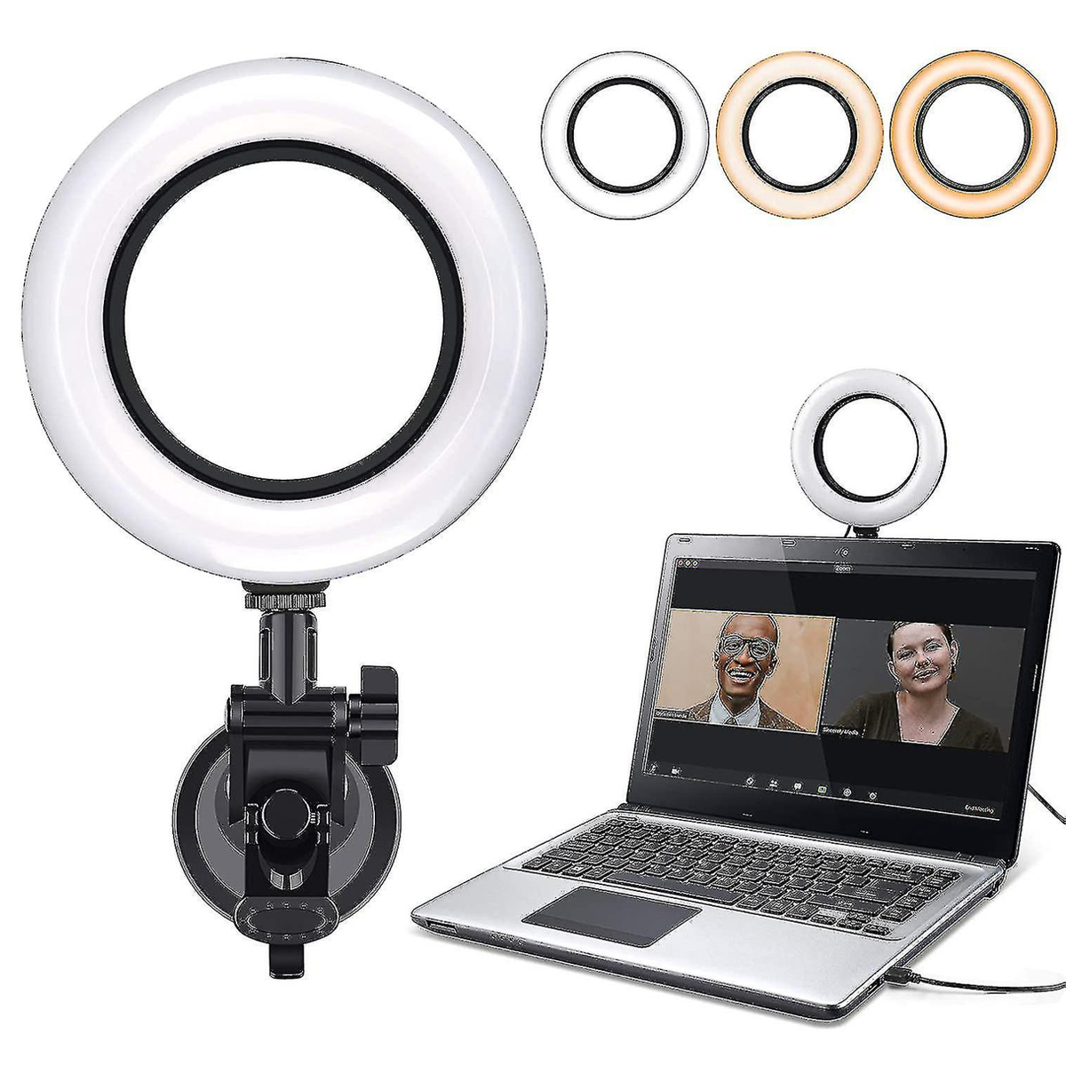 Ringlicht mit Laptop, der einen Videoanruf zeigt. Drei Farboptionen im Hintergrund, schwarze Halterung.