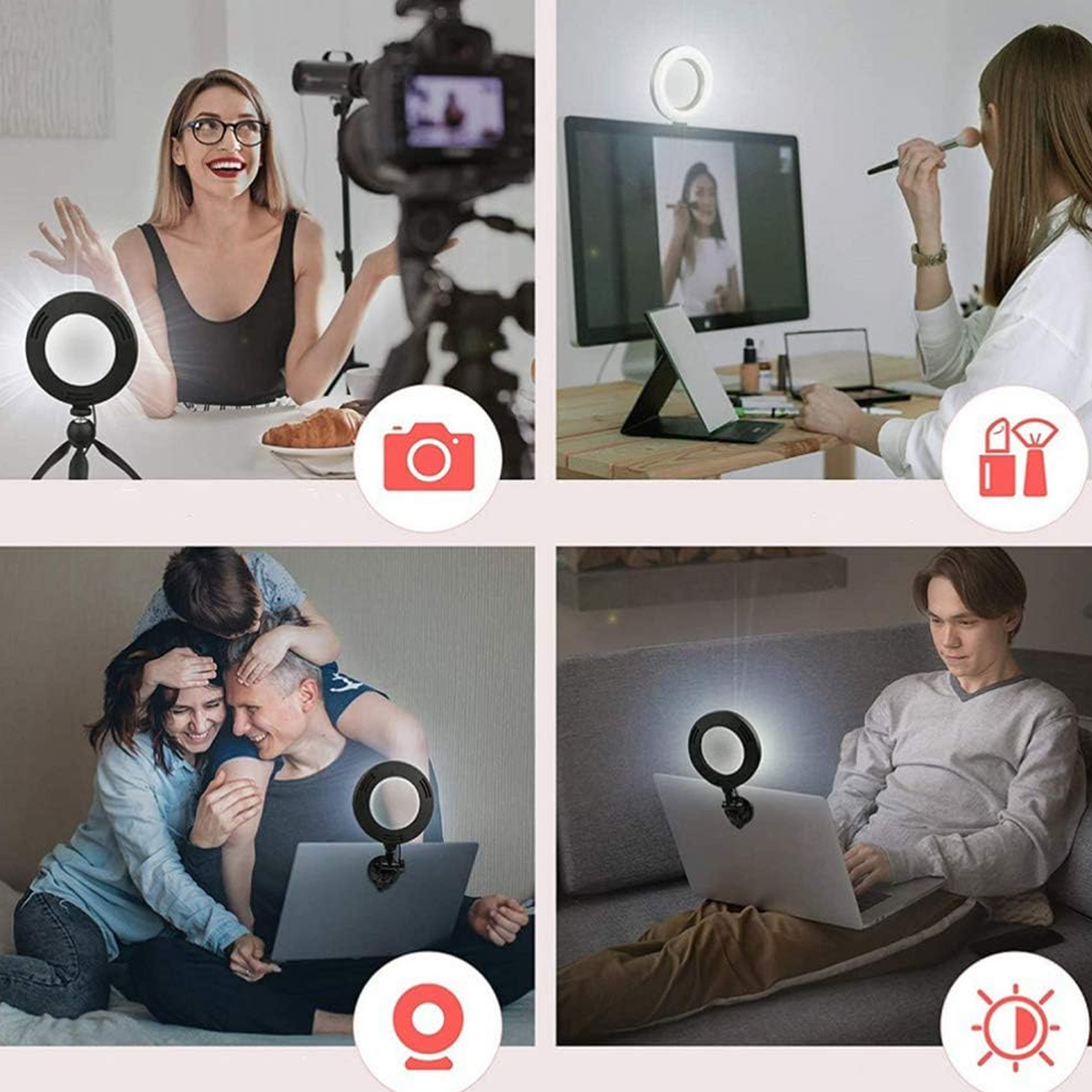 Mehrere Bilder von Personen, die Ringlichter für Make-up und Videos verwenden.