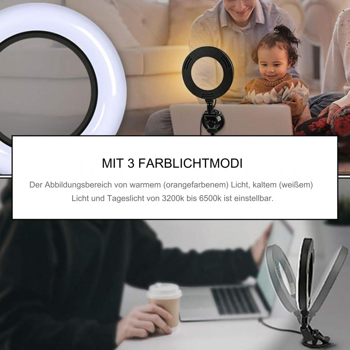 Ringlicht, Laptop und Personen im Hintergrund, mit Text überlagert.