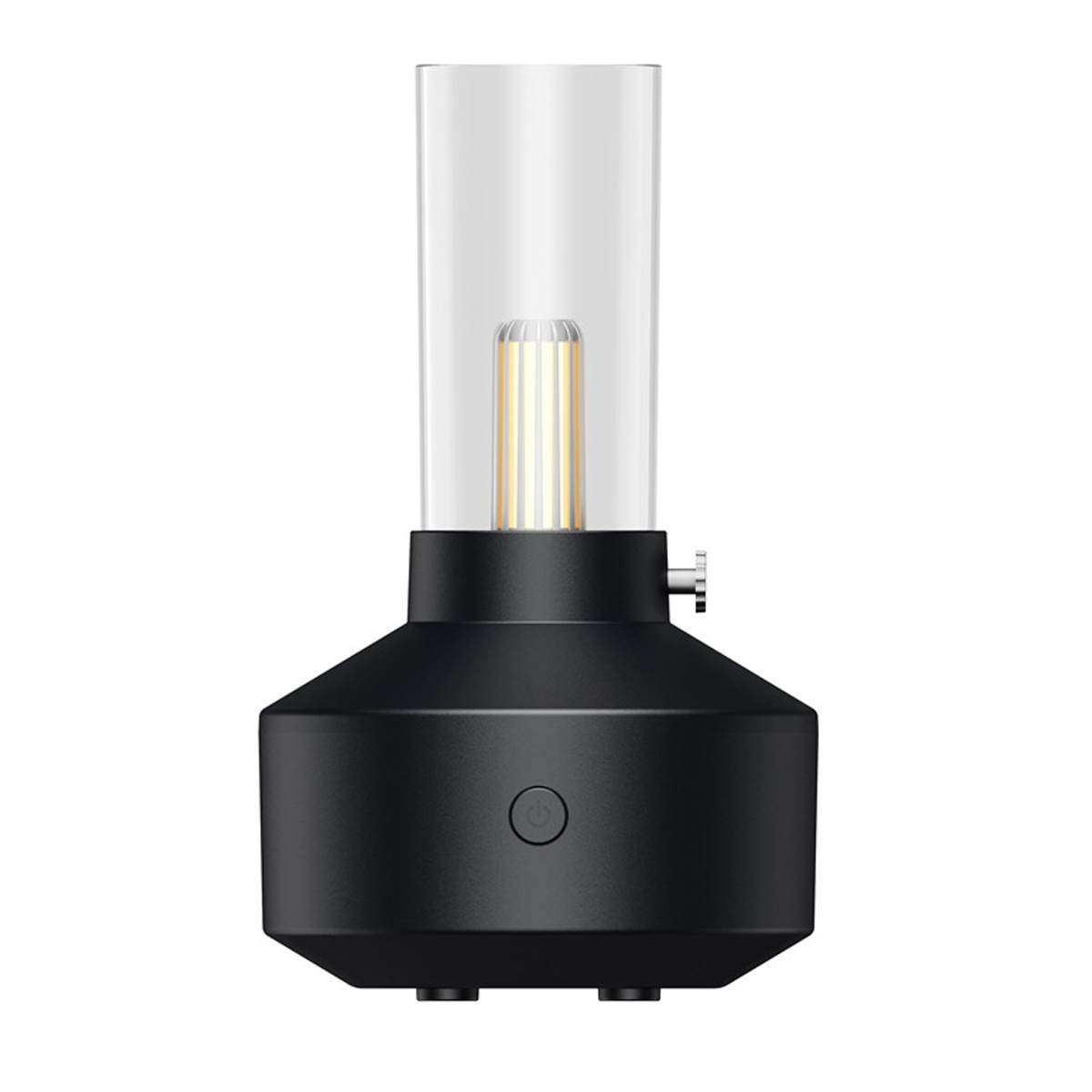Schwarze Lampe mit klarer Glasabdeckung. Es hat einen Einschaltknopf.