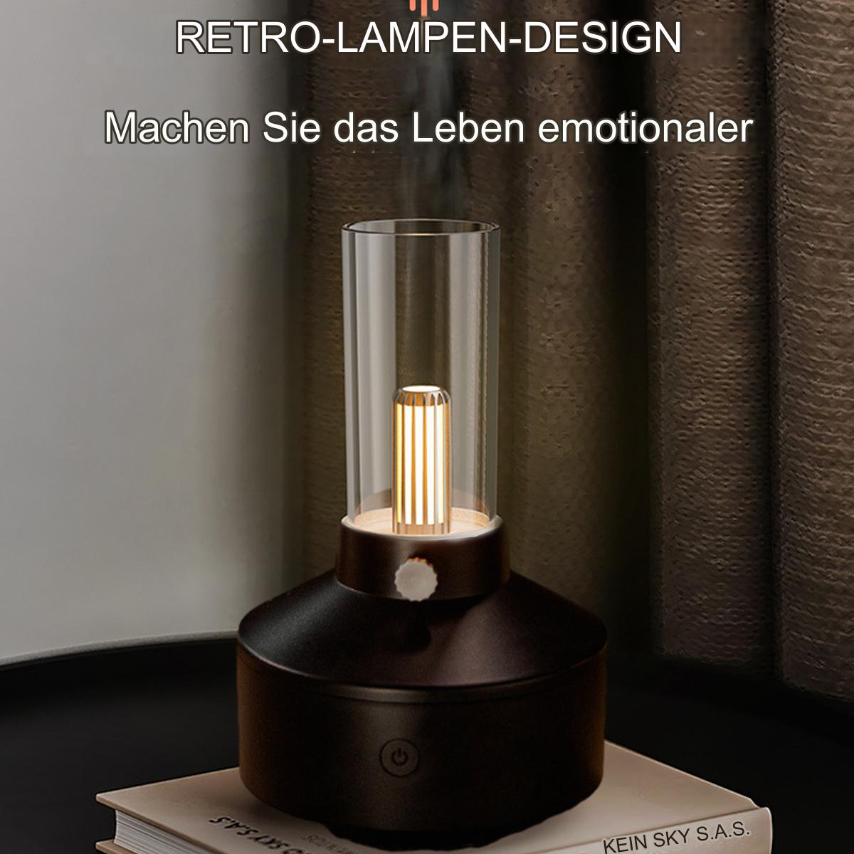 Schwarz-transparente Retro-Lampe mit beleuchtetem Innenelement auf dunkler Oberfläche.