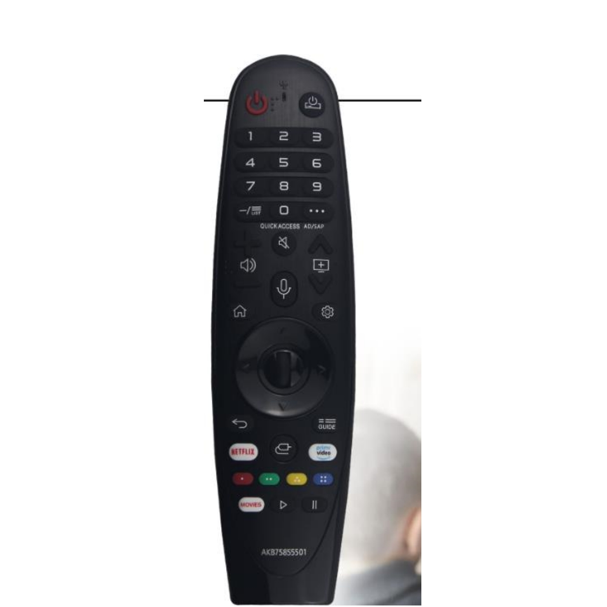 Schwarze TV-Fernbedienung mit mehreren Tasten.