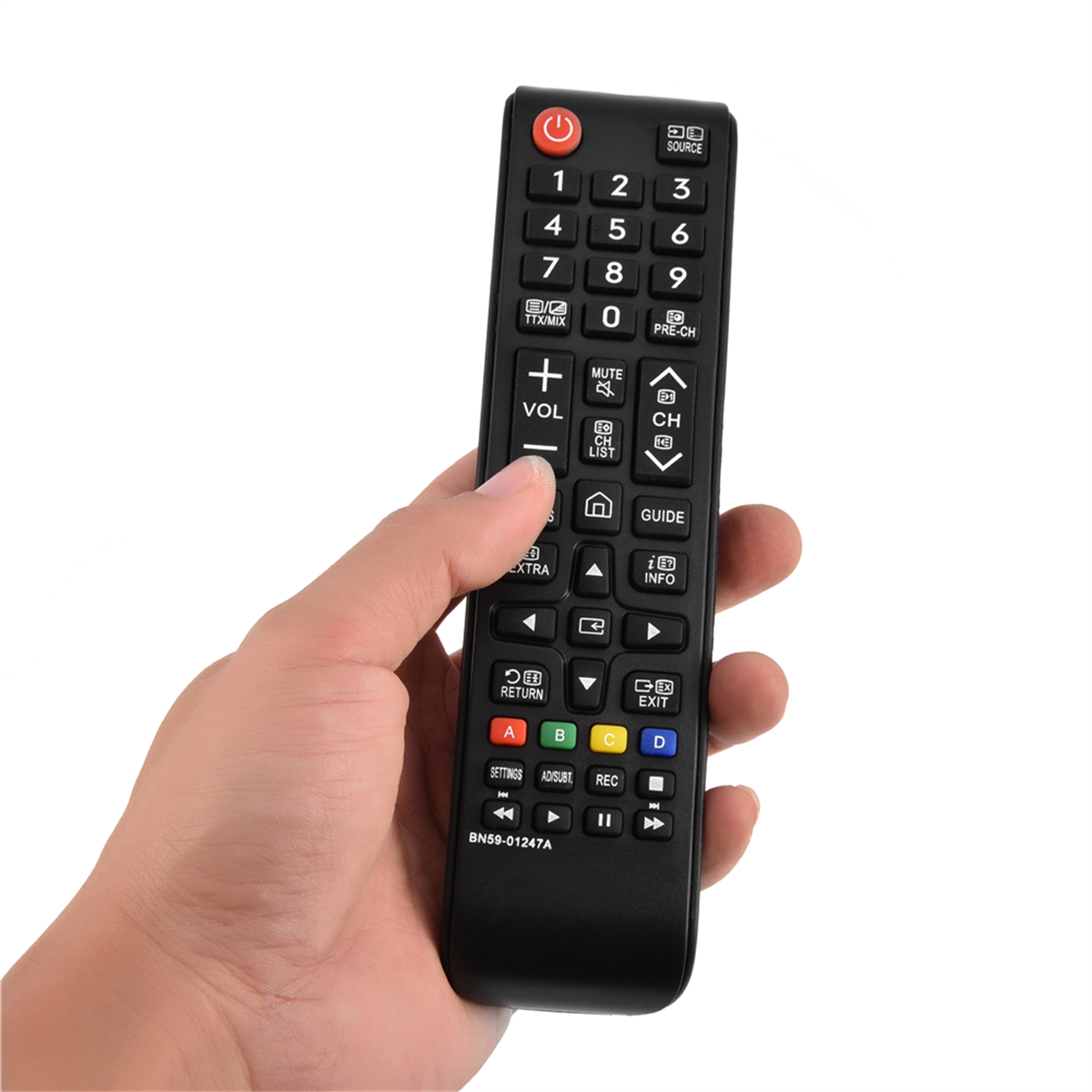 Schwarze TV-Fernbedienung mit Zifferntasten und Kanalsteuerung, in Hand gehalten.
