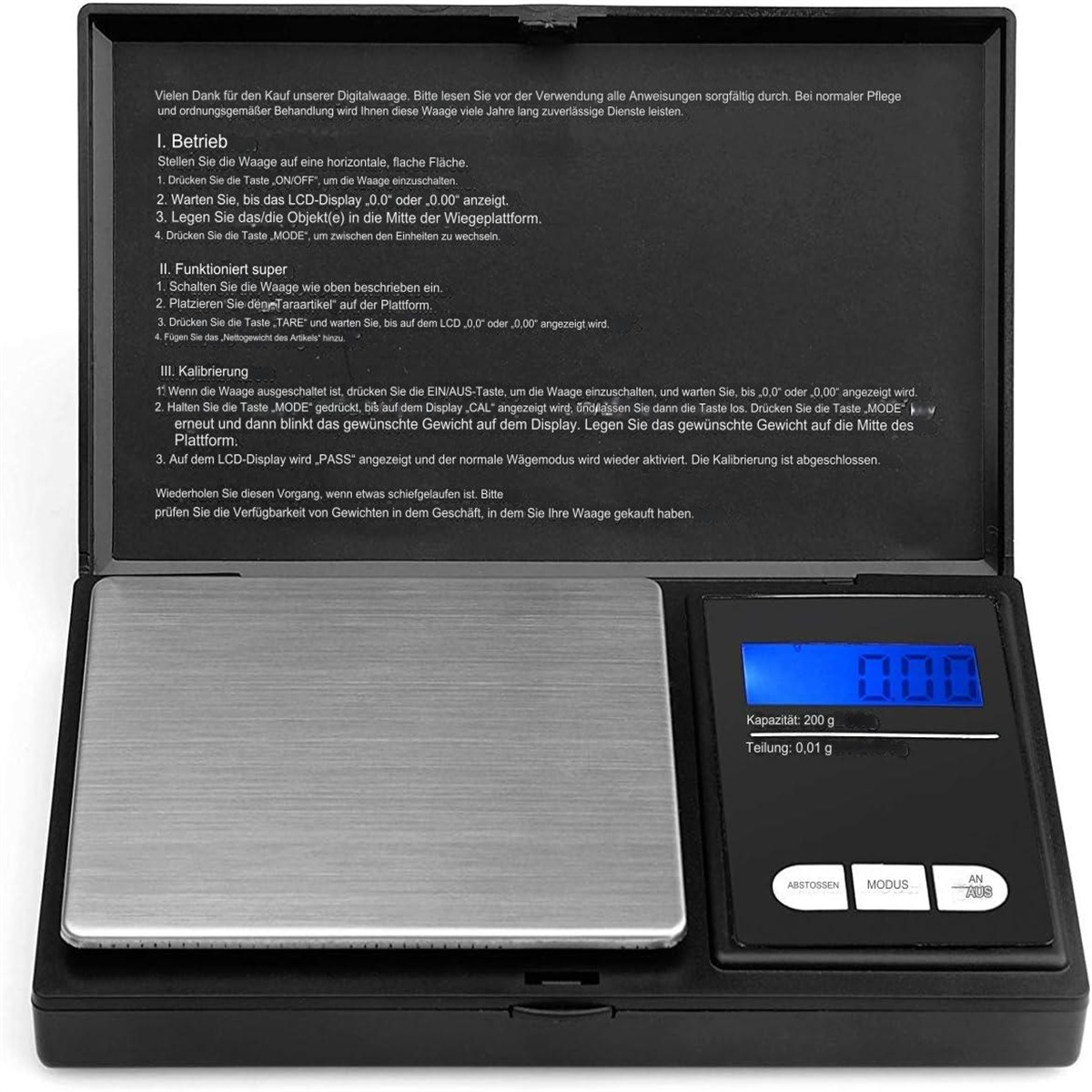 Eine kleine Digitalwaage mit silberner Oberseite und schwarzem Sockel. Sie zeigt '0.00' an und hat Knöpfe.
