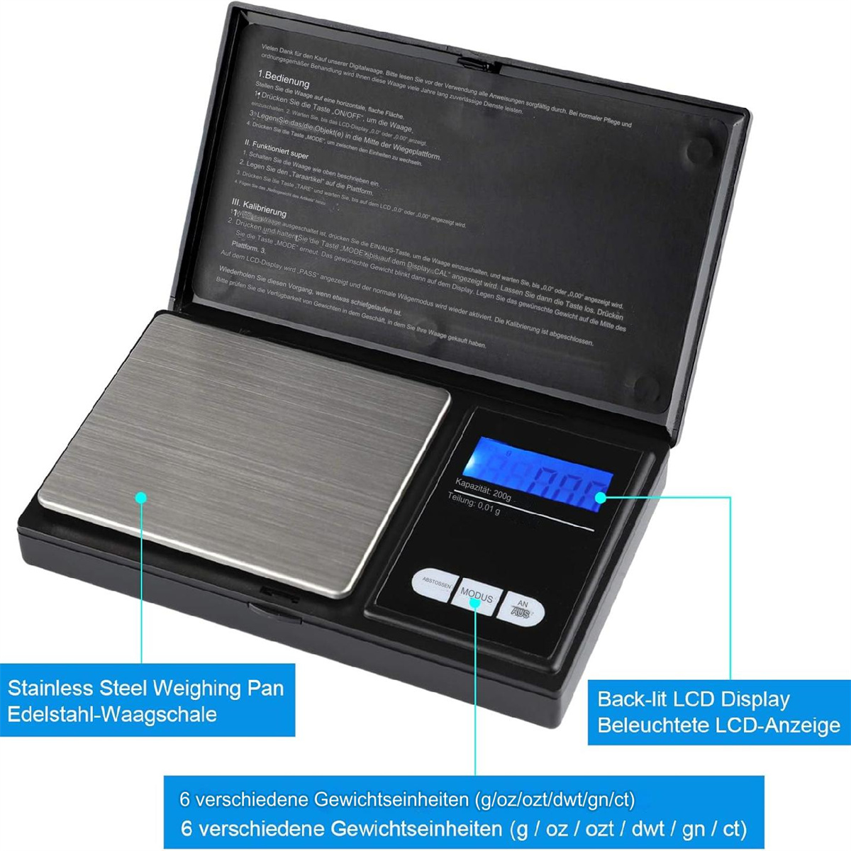 Digitale Waage mit Edelstahl-Wiegefläche, LCD-Anzeige und mehreren Knöpfen.