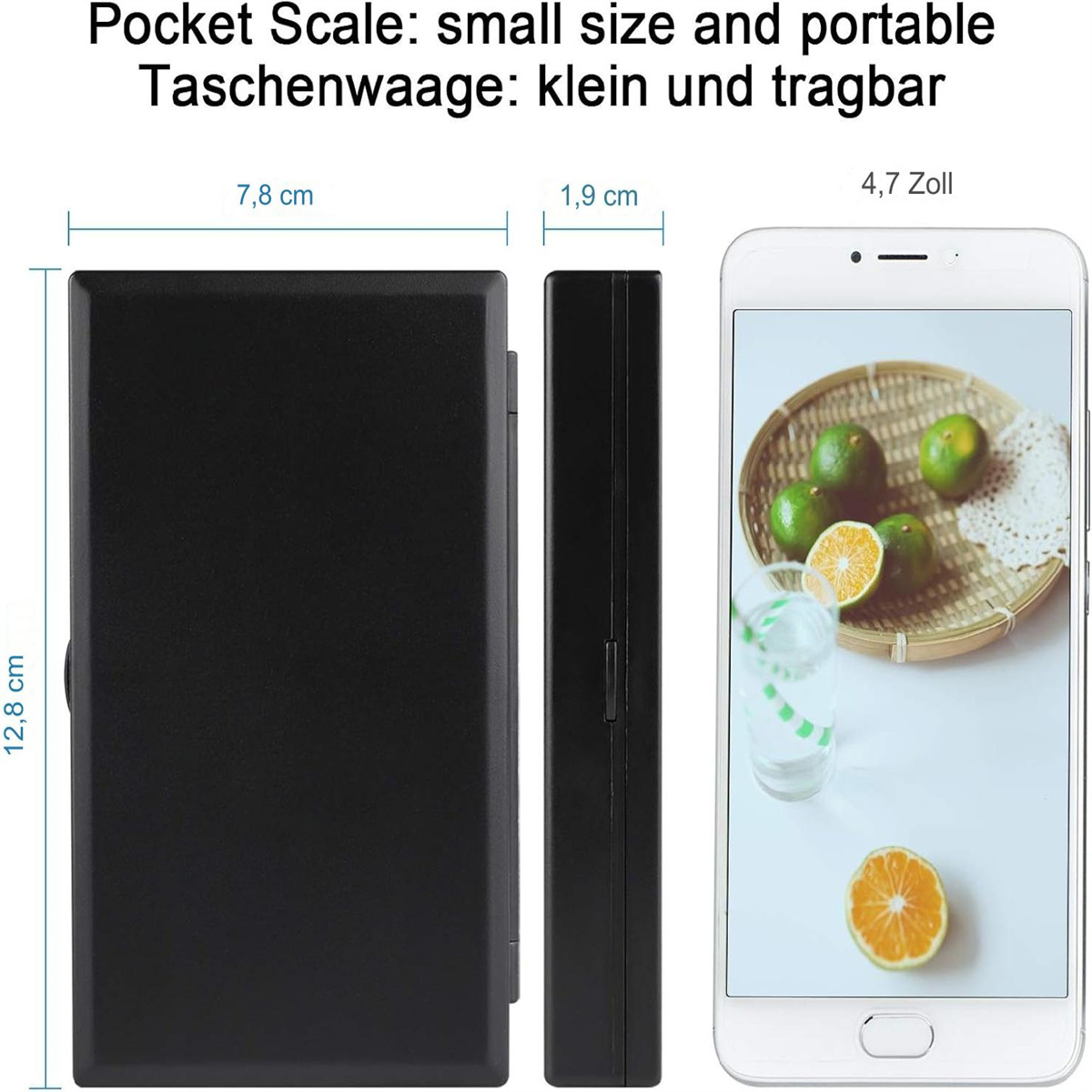 Taschenwaage mit Abmessungen, neben einem Telefon mit Obst und Getränk.