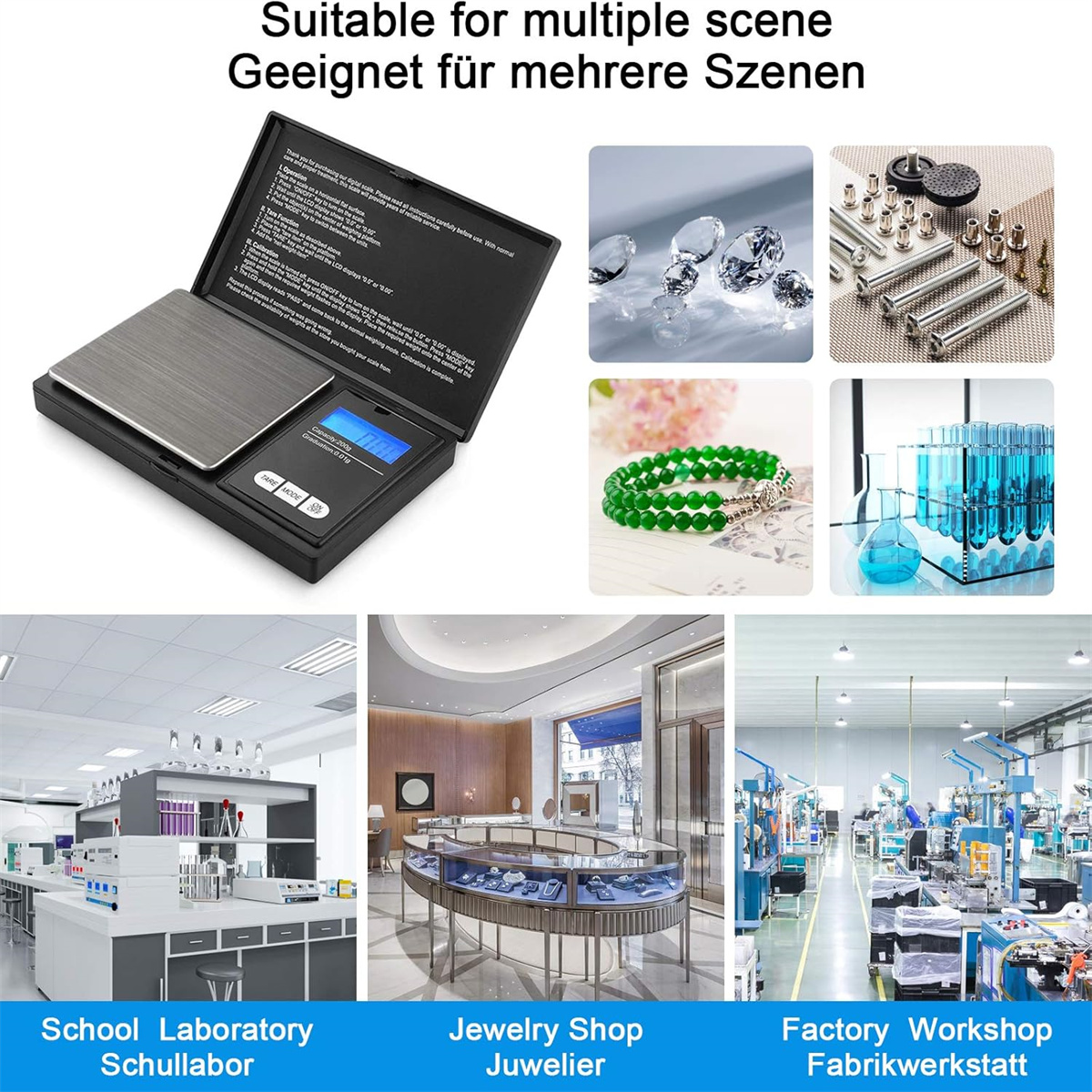Eine Digitalwaage und Beispiele für ihre Verwendung, z. B. in einem Juweliergeschäft.
