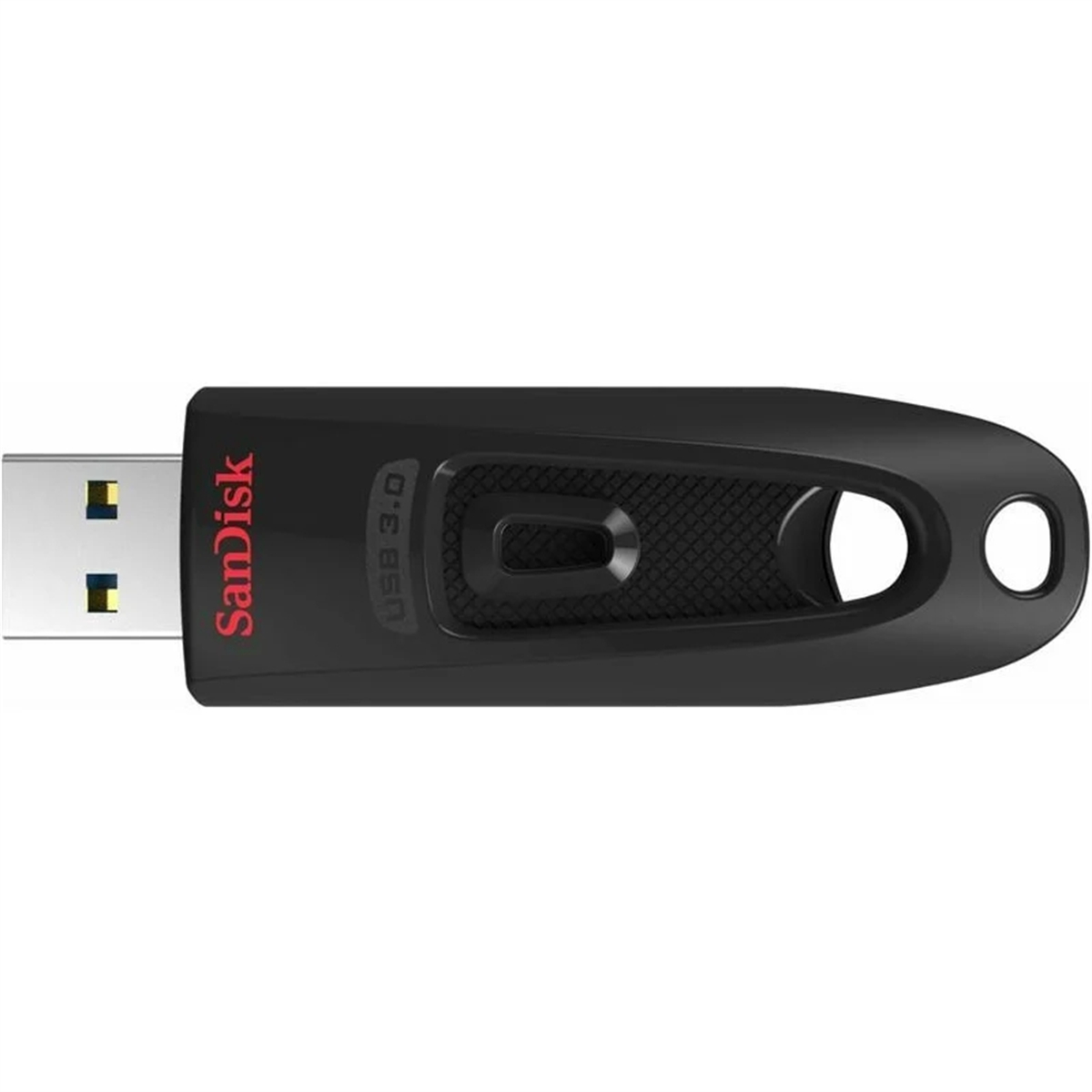 Schwarzer USB-3.0-SanDisk-Stick. Das Gerät ist schwarz mit rotem SanDisk-Logo und USB-3.0-Aufkleber.