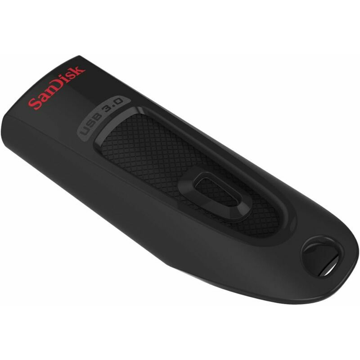 Schwarzer Sandisk USB 3.0-Flash-Laufwerk, Sandisk-Logo und strukturierter Griffbereich.