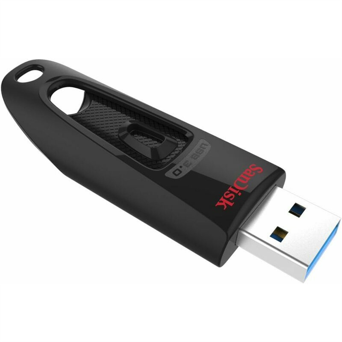 Schwarzer USB-Stick mit rotem Sandisk-Logo und USB 3.0-Kennzeichnung.