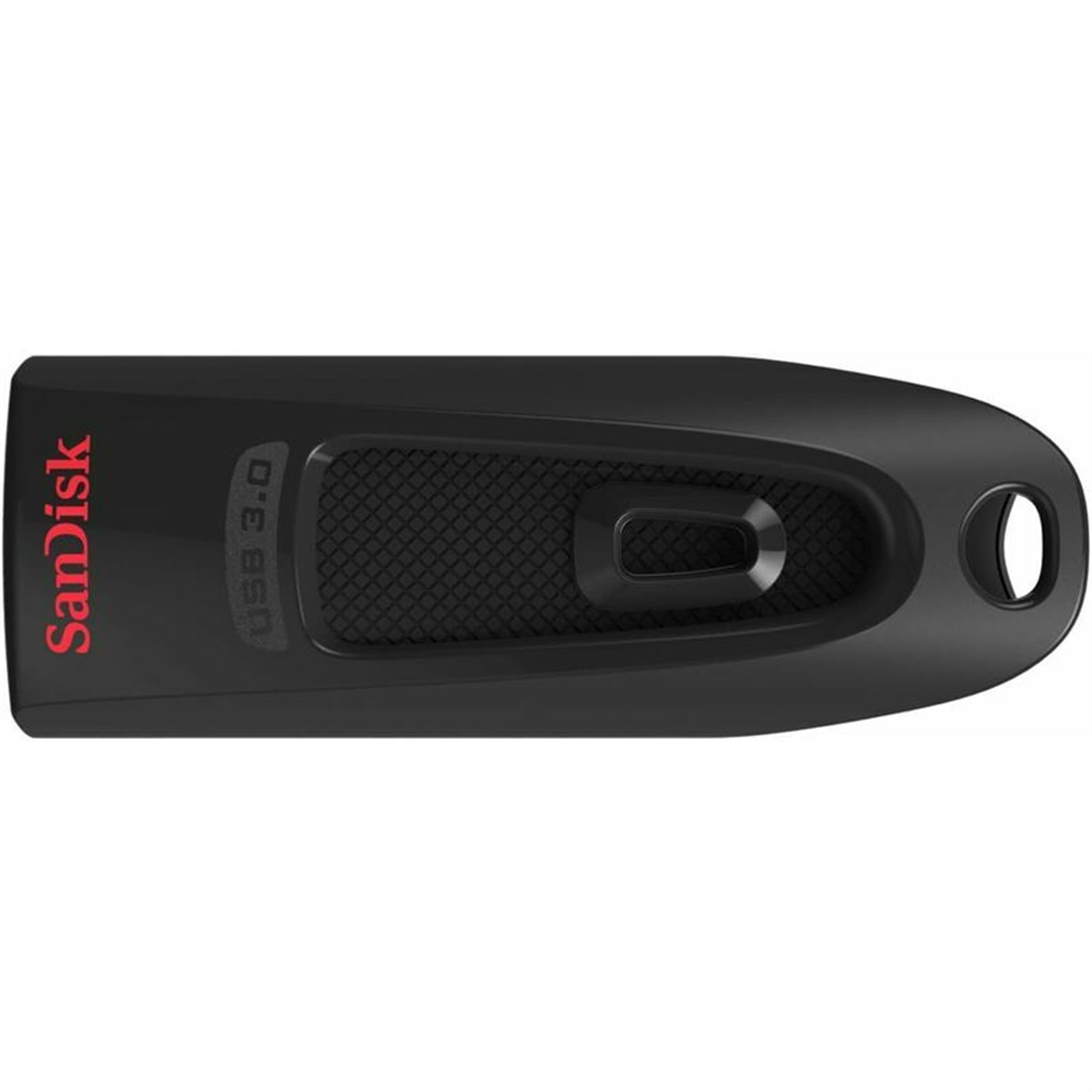 Schwarzer USB-Stick mit SanDisk-Logo. Der Stick hat ein Loch für ein Schlüsselband.