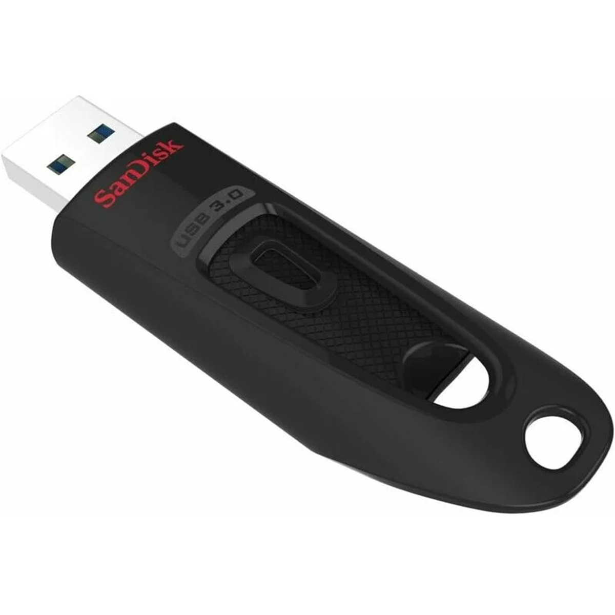 Schwarzer und roter Sandisk USB 3.0-Flash-Laufwerk, abgewinkelt auf einer weißen Oberfläche.