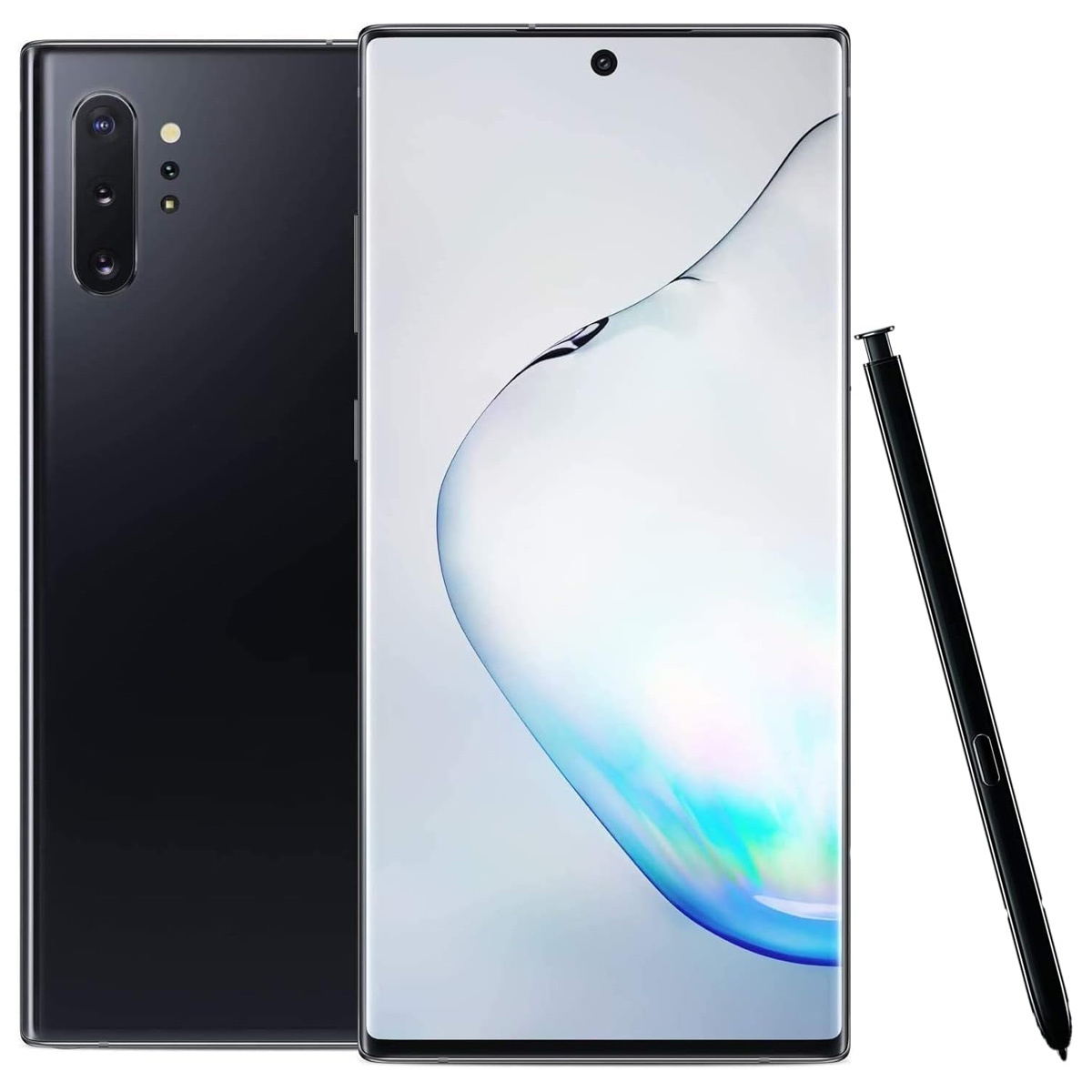Ein schwarzes Smartphone zeigt Vorder- und Rückseite. Ein Eingabestift ist rechts.
