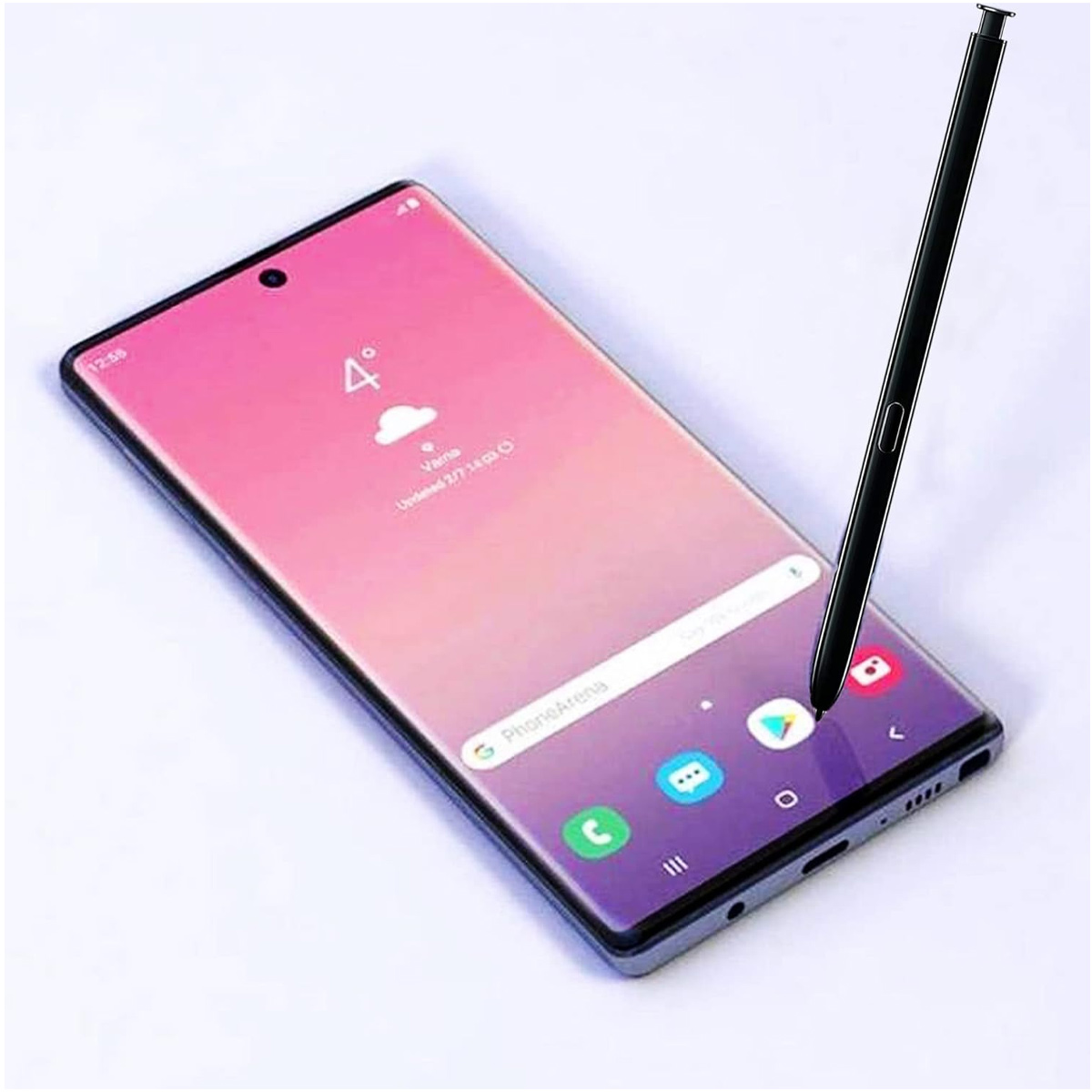Samsung-Handy mit Wetteranzeige. Ein Stylus-Stift befindet sich rechts vom Telefon.
