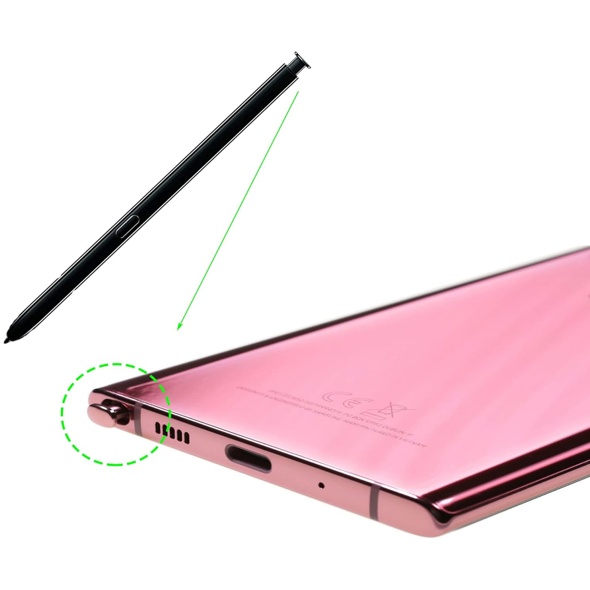 Rosa Telefon und schwarzer Stift. Stift ist über dem Telefon. Grüner Kreis hebt Stiftschacht hervor.