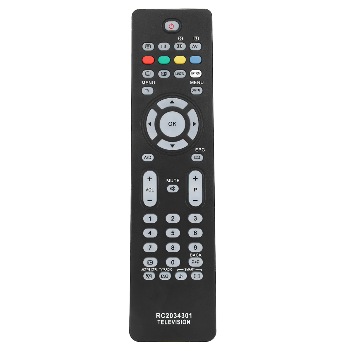 Eine schwarze TV-Fernbedienung mit mehreren Tasten. Es gibt eine Ein-/Aus-Taste und eine große OK-Taste.