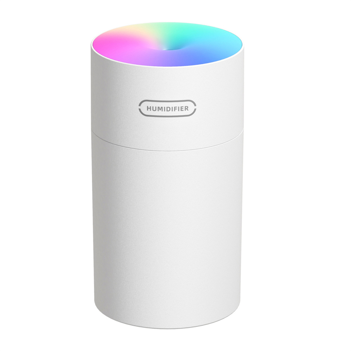 Weißer Luftbefeuchter mit farbenfroher Oberseite und der Aufschrift "HUMIDIFIER".