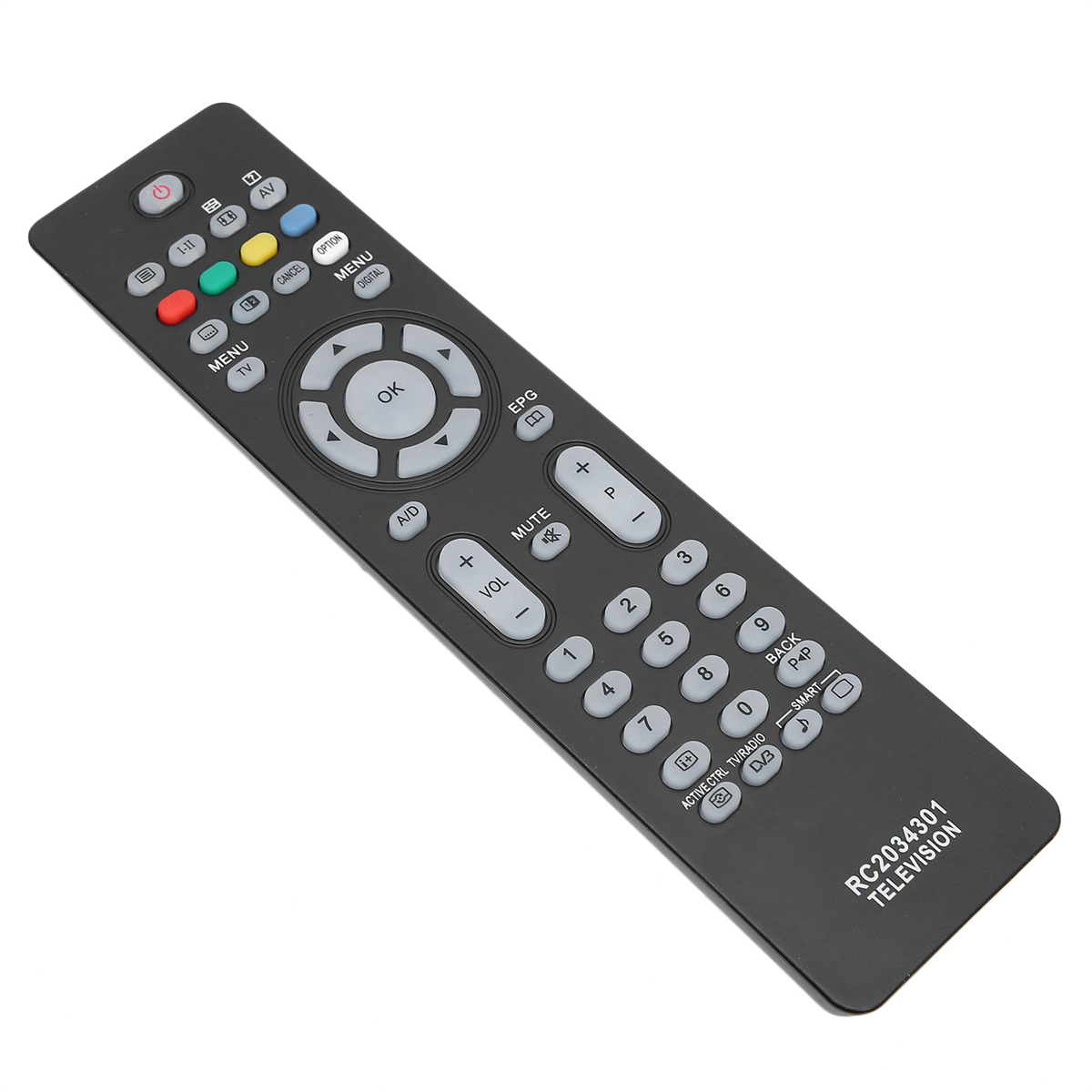 Eine schwarze TV-Fernbedienung mit mehreren weißen beschrifteten Tasten und einem Fernsehlogo.