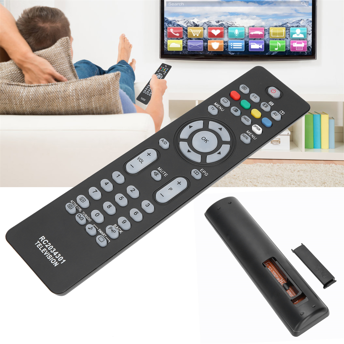 TV-Fernbedienung mit einer Person im Hintergrund, die fernsieht. Batterien liegen neben der Fernbedienung.