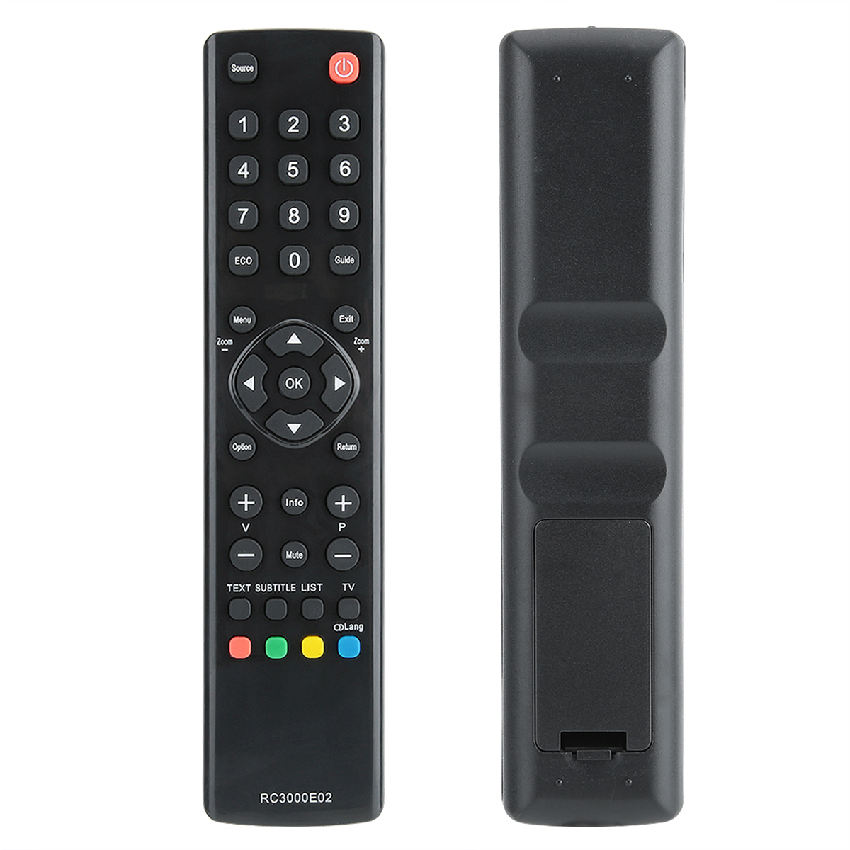 TV-Fernbedienung, Vorder- und Rückansicht. Schwarz, mit Tasten für Strom, Zahlen und Navigation.