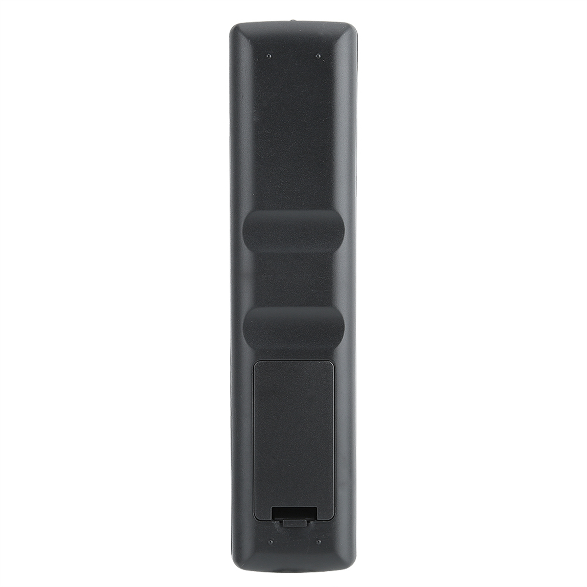 Schwarze Fernbedienung, Rückansicht, mit geöffnetem Batteriefach.